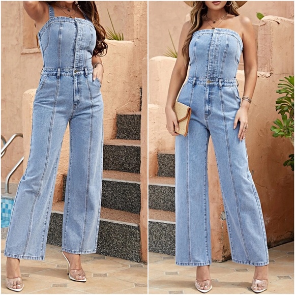 Pants - Light Wash Wide Leg Cami Pocket Denim Jumpsuit